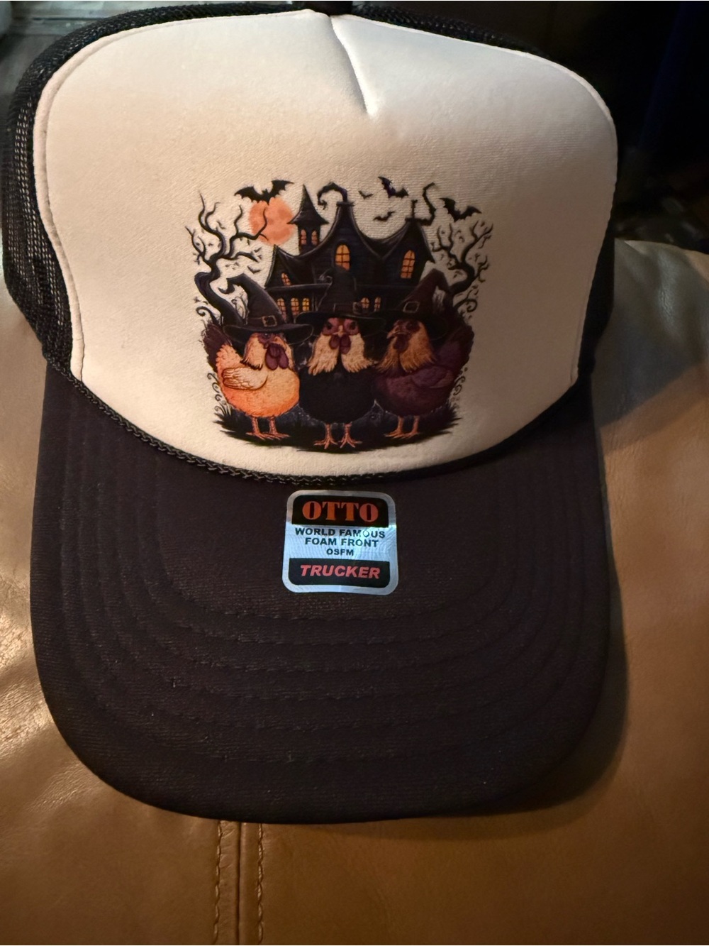 Spooky Chicken OTTO Trucker Hat - Black and White Halloween Chicken Design